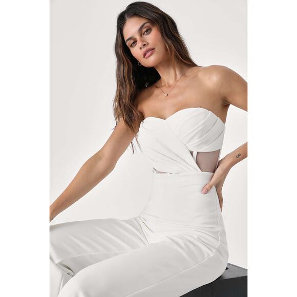 NWT Lulus Surely Stunning Ivory Strapless Bustier Jumpsuit Cut Out Elegant Sz S - Picture 3 of 8
